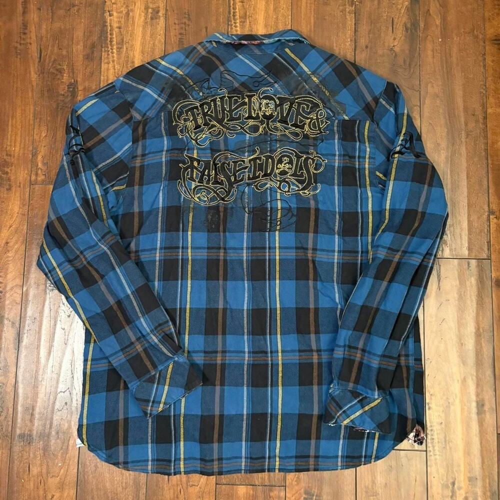 True Love False Idols Mens 3XL Plaid Embroidered Blue Flannel Y2K Skater Grunge